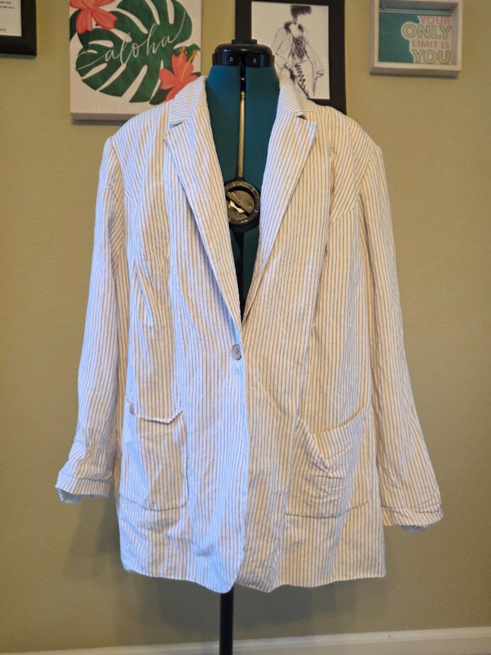 Jessica London Tan Vertical Stripe Linen Rayon Blazer Coat